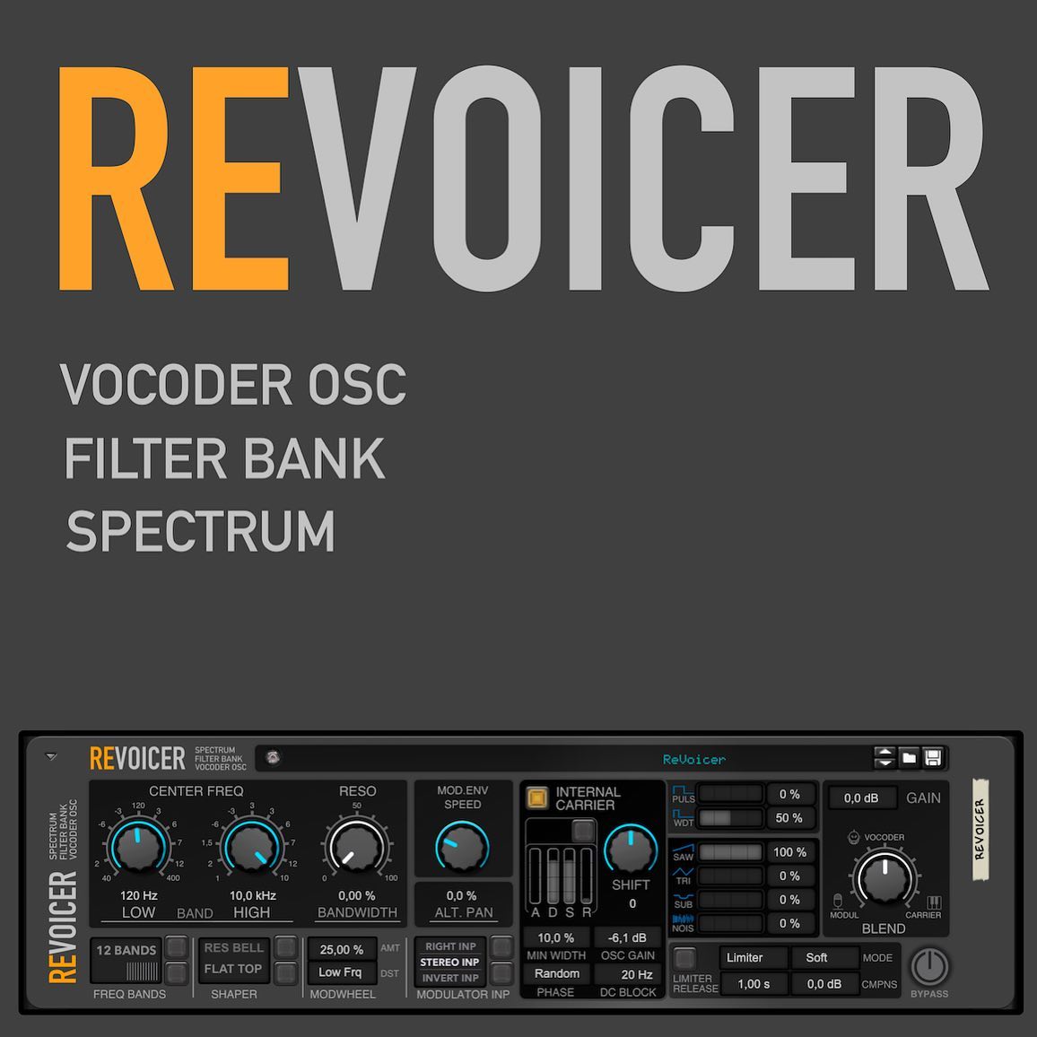 REVOICER vocoder updated to v. 2.0:
Flexible & modern VOCODER with internal Carrier / Oscillator. We update GUI and optimise internal waveforms. For Reason by ReasonStudios. 

#reason12 #turn2on #rackextension #rackextensions #reasonrack #plugin #vocoder #intergalactic #voice #spectrumfilterbank